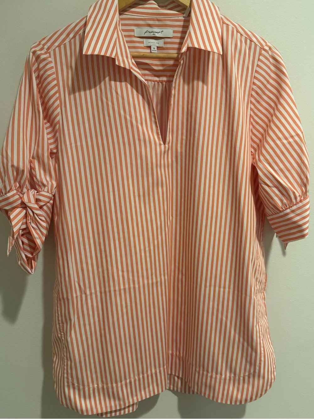 Foxcroft striped popover blouse with collar orange and white wrinkle free 10